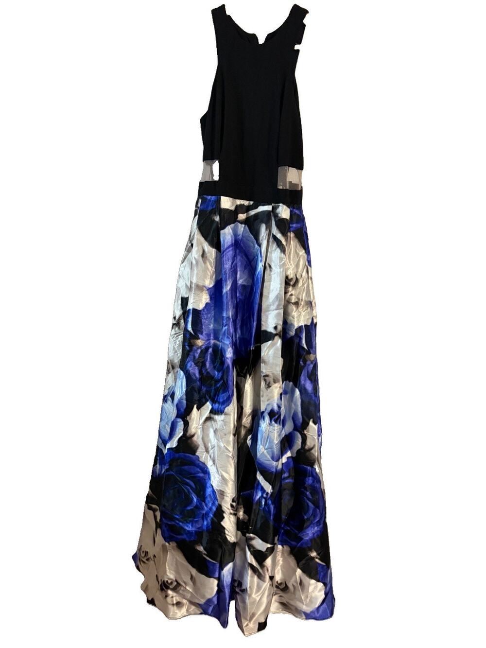 NWT Blondie Nites Gown Juniors 5 Black Blue Floral Mesh Cutout Prom Ball Gown